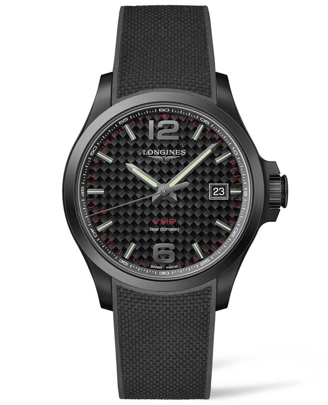 Longines Longines Conquest V.H.P. L3.726.2.66.9  L37262669 кварцевые мужские часы черный циферблат, браслет каучук — вид спереди